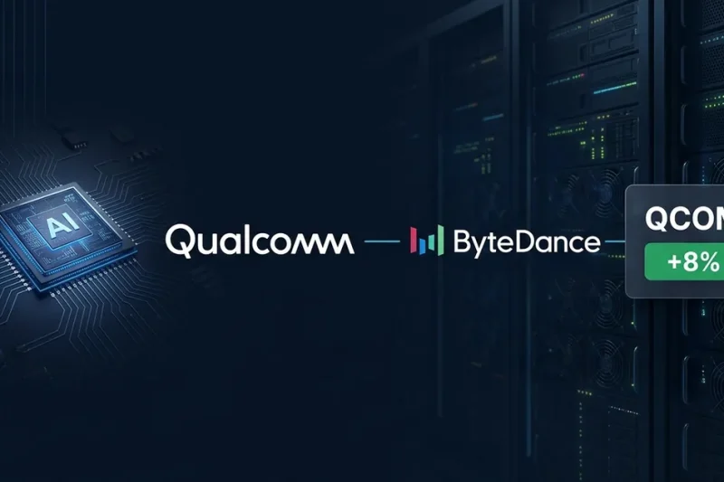 Qualcomm and ByteDance logos joined by a connecting line beside a QCOM stock panel up 8 percent, with an AI accelerator chip and data-center server racks on a dark navy background
