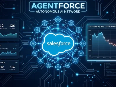 Salesforce cloud logo at the center of an Agentforce AI-agent network with a CRM stock chart showing a roughly 30 percent year-to-date decline