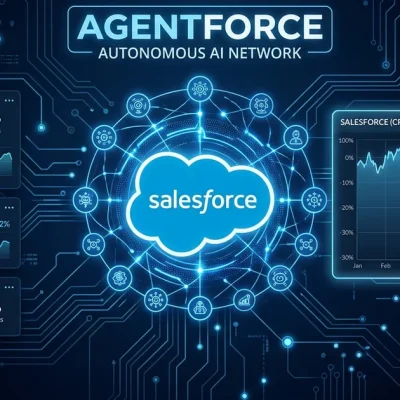 Salesforce cloud logo at the center of an Agentforce AI-agent network with a CRM stock chart showing a roughly 30 percent year-to-date decline