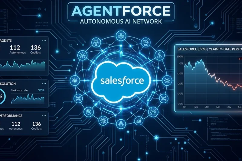 Salesforce cloud logo at the center of an Agentforce AI-agent network with a CRM stock chart showing a roughly 30 percent year-to-date decline
