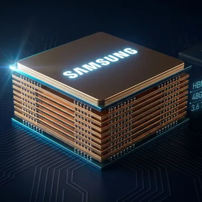 Samsung 12-layer HBM4E high-bandwidth memory chip stack with glowing logo and holographic data readouts on dark circuit-board background