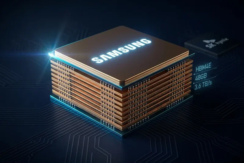 Samsung 12-layer HBM4E high-bandwidth memory chip stack with glowing logo and holographic data readouts on dark circuit-board background