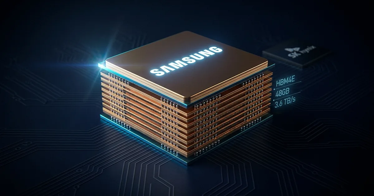 Samsung 12-layer HBM4E high-bandwidth memory chip stack with glowing logo and holographic data readouts on dark circuit-board background