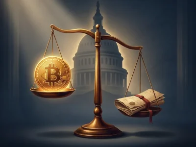 Brass scales of justice weighing a glowing gold Bitcoin coin against a folded legislative bill, with the U.S. Capitol dome silhouetted behind