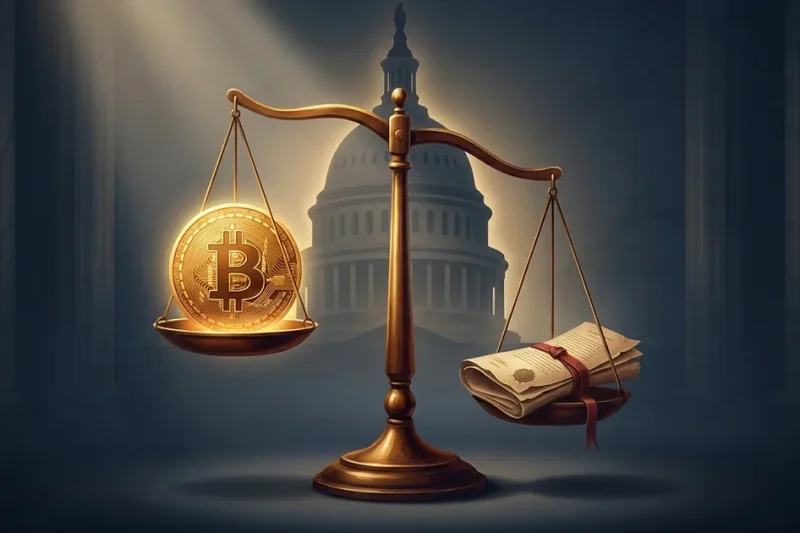 Brass scales of justice weighing a glowing gold Bitcoin coin against a folded legislative bill, with the U.S. Capitol dome silhouetted behind