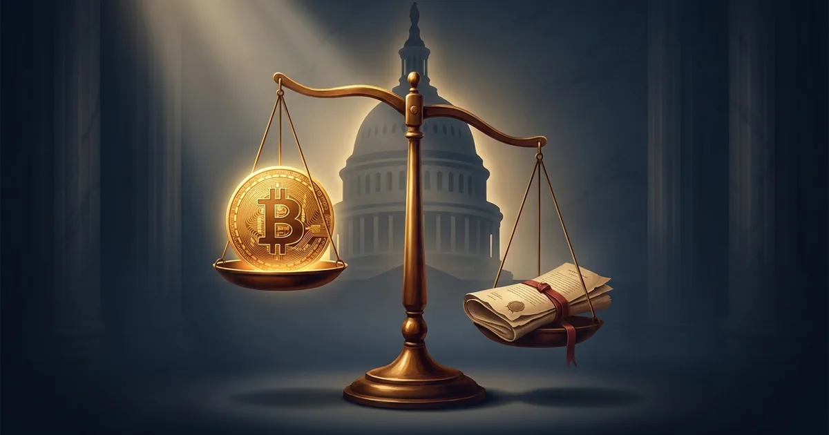 Brass scales of justice weighing a glowing gold Bitcoin coin against a folded legislative bill, with the U.S. Capitol dome silhouetted behind