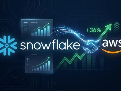 Snowflake logo linked to the AWS logo above a rising green stock chart marked plus 36 percent