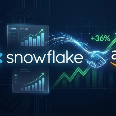Snowflake logo linked to the AWS logo above a rising green stock chart marked plus 36 percent