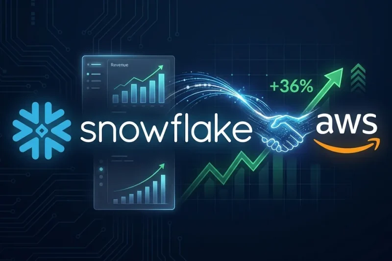 Snowflake logo linked to the AWS logo above a rising green stock chart marked plus 36 percent