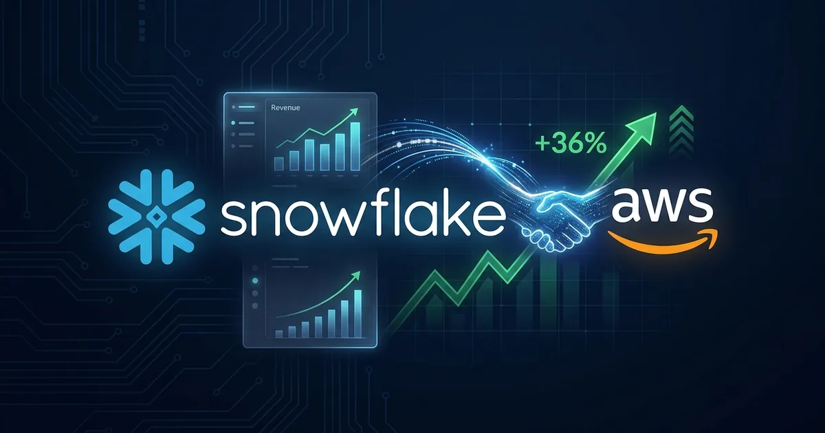 Snowflake logo linked to the AWS logo above a rising green stock chart marked plus 36 percent