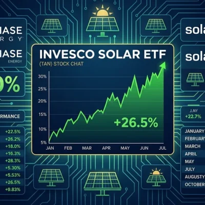 Invesco Solar ETF TAN stock chart showing 26.5 percent monthly gain with Enphase Energy and SolarEdge logos