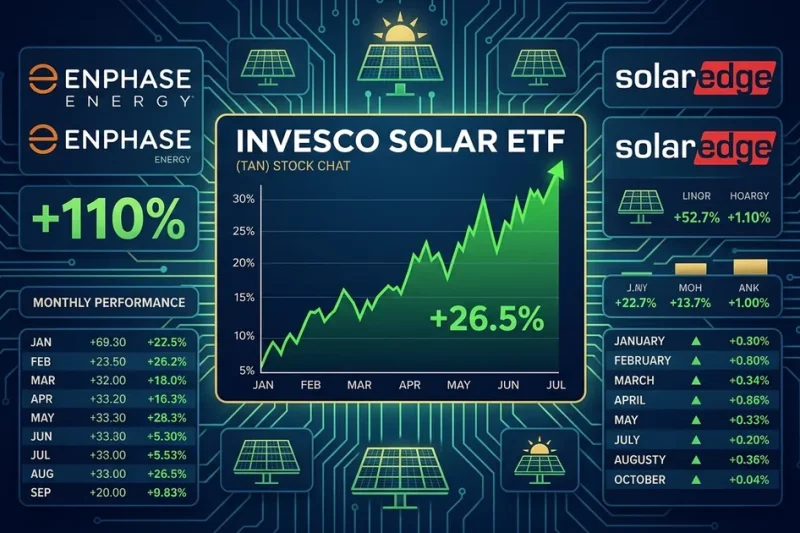 Invesco Solar ETF TAN stock chart showing 26.5 percent monthly gain with Enphase Energy and SolarEdge logos