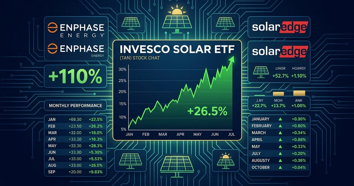 Invesco Solar ETF TAN stock chart showing 26.5 percent monthly gain with Enphase Energy and SolarEdge logos