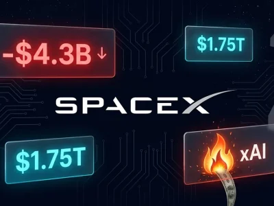 SpaceX logo on a dark financial dashboard with a red minus 4.3 billion dollar loss panel, a 1.75 trillion dollar valuation panel, and an xAI flame burning a stream of cash, Starship silhouette at right
