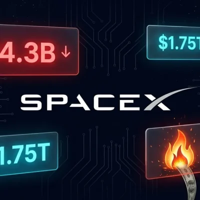 SpaceX logo on a dark financial dashboard with a red minus 4.3 billion dollar loss panel, a 1.75 trillion dollar valuation panel, and an xAI flame burning a stream of cash, Starship silhouette at right