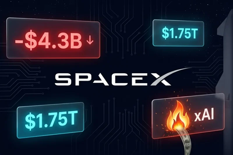 SpaceX logo on a dark financial dashboard with a red minus 4.3 billion dollar loss panel, a 1.75 trillion dollar valuation panel, and an xAI flame burning a stream of cash, Starship silhouette at right