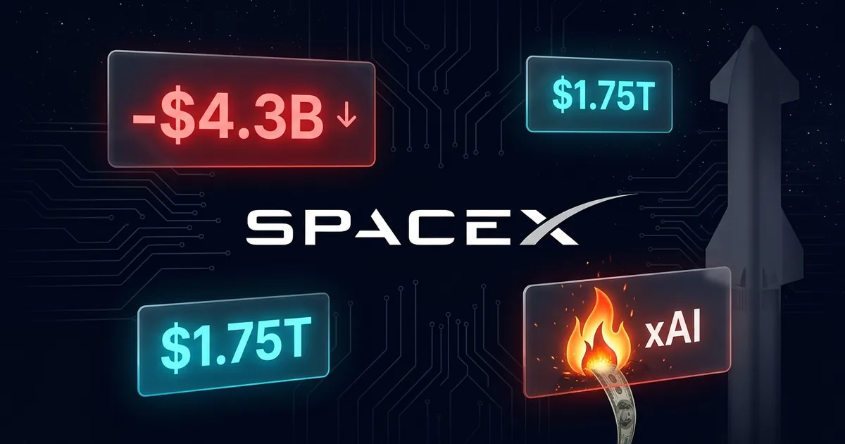SpaceX logo on a dark financial dashboard with a red minus 4.3 billion dollar loss panel, a 1.75 trillion dollar valuation panel, and an xAI flame burning a stream of cash, Starship silhouette at right