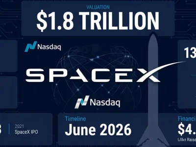 SpaceX logo with 1.8 trillion dollar valuation callout Nasdaq logo 75 billion dollar raise and June 2026 timeline on dark dashboard