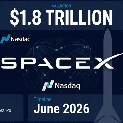 SpaceX logo with 1.8 trillion dollar valuation callout Nasdaq logo 75 billion dollar raise and June 2026 timeline on dark dashboard