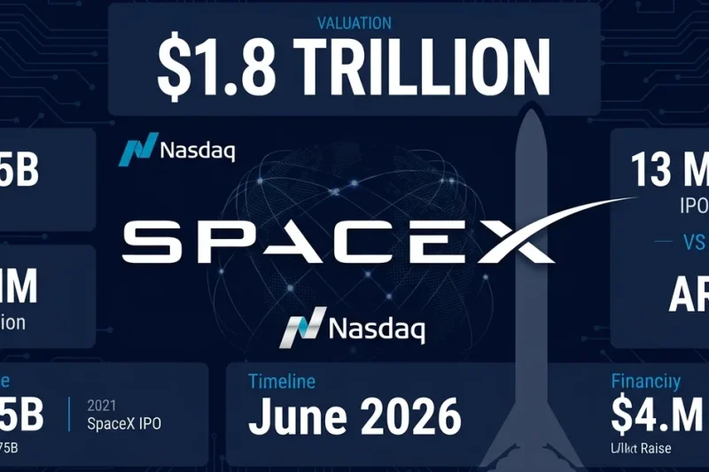 SpaceX logo with 1.8 trillion dollar valuation callout Nasdaq logo 75 billion dollar raise and June 2026 timeline on dark dashboard
