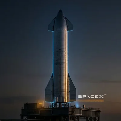 A SpaceX Starship rocket standing idle on its launch pad at dusk with the SpaceX logo and an amber hold indicator