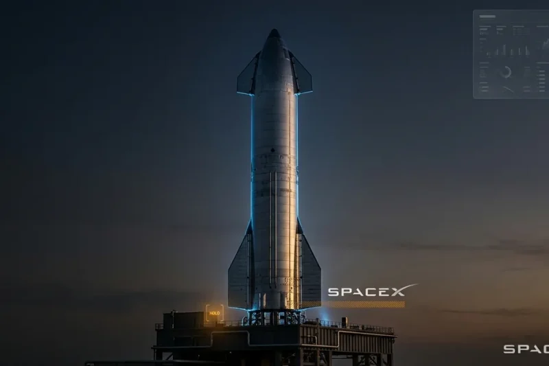 A SpaceX Starship rocket standing idle on its launch pad at dusk with the SpaceX logo and an amber hold indicator