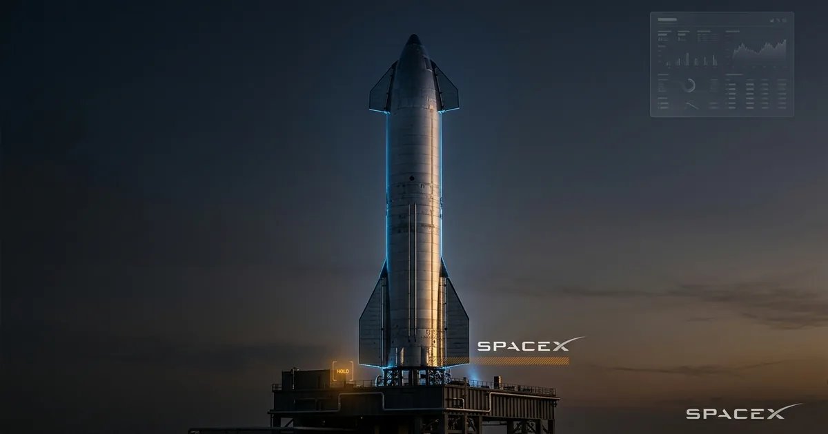 A SpaceX Starship rocket standing idle on its launch pad at dusk with the SpaceX logo and an amber hold indicator