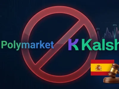 Polymarket and Kalshi logos behind a red no-entry prohibition circle, with a Spanish flag and a gavel, signaling a regulatory block of the prediction-market platforms