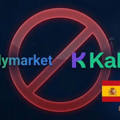 Polymarket and Kalshi logos behind a red no-entry prohibition circle, with a Spanish flag and a gavel, signaling a regulatory block of the prediction-market platforms