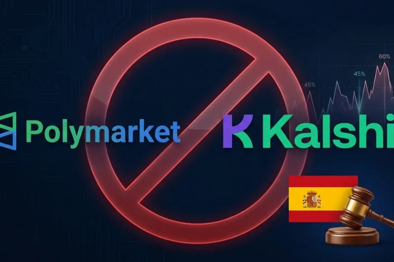 Polymarket and Kalshi logos behind a red no-entry prohibition circle, with a Spanish flag and a gavel, signaling a regulatory block of the prediction-market platforms