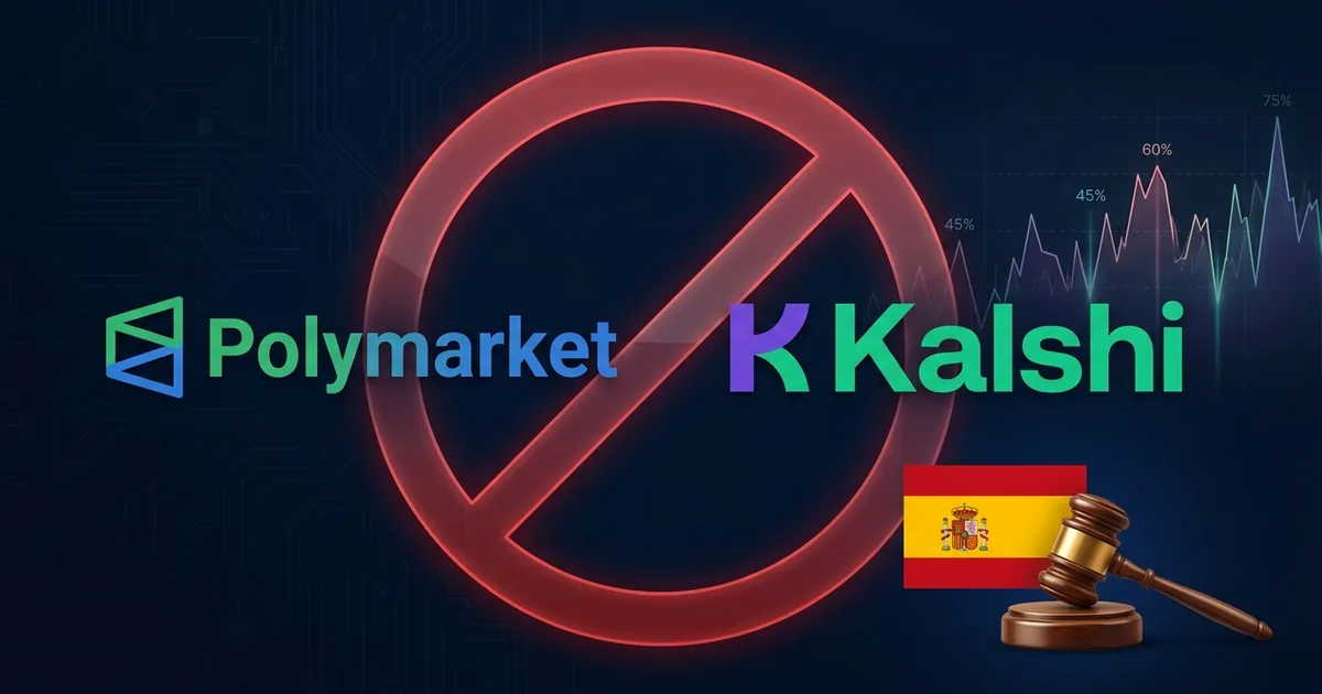 Polymarket and Kalshi logos behind a red no-entry prohibition circle, with a Spanish flag and a gavel, signaling a regulatory block of the prediction-market platforms