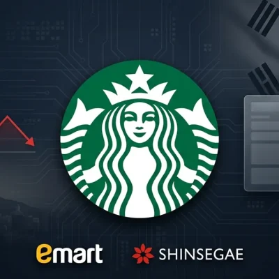 Starbucks green siren logo flanked by E-Mart and Shinsegae brand marks, a downward sales line graph, and a dim Seoul skyline on a dark navy background