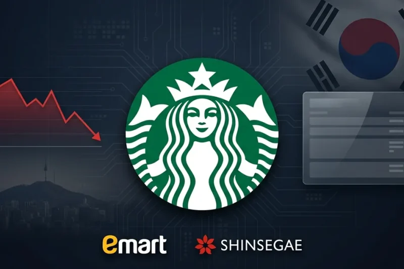 Starbucks green siren logo flanked by E-Mart and Shinsegae brand marks, a downward sales line graph, and a dim Seoul skyline on a dark navy background