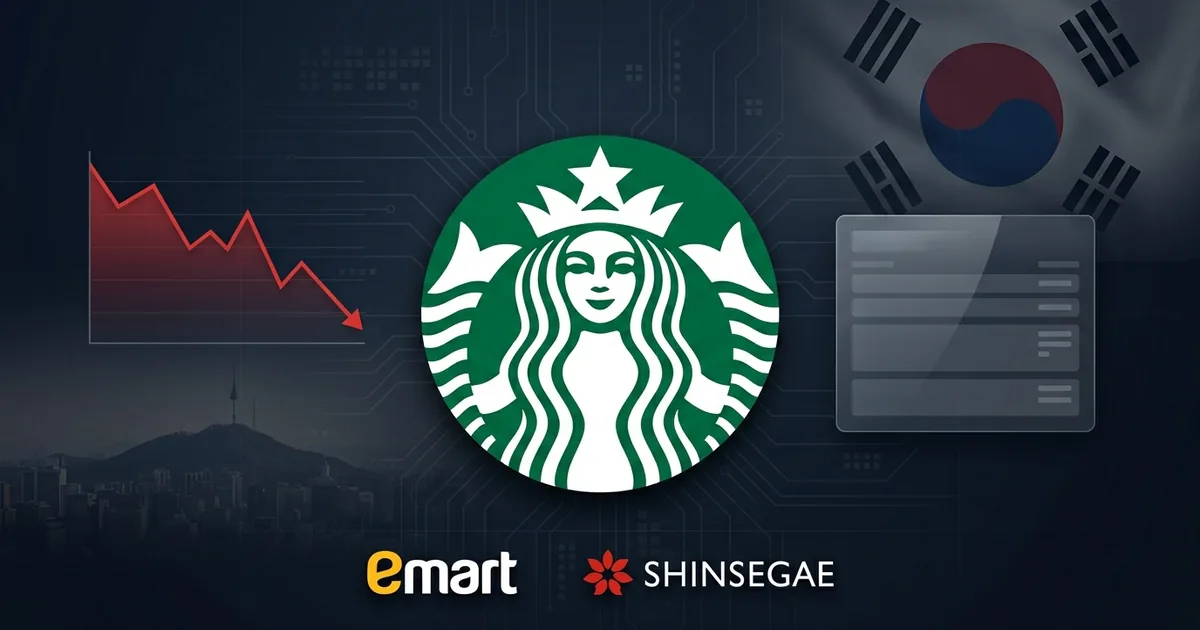 Starbucks green siren logo flanked by E-Mart and Shinsegae brand marks, a downward sales line graph, and a dim Seoul skyline on a dark navy background