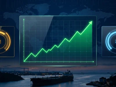Financial dashboard showing a rising green stock-market chart flanked by one up and one down oil-price gauge, with an oil tanker passing through a strait