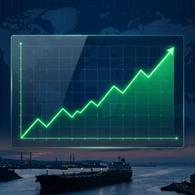 Financial dashboard showing a rising green stock-market chart flanked by one up and one down oil-price gauge, with an oil tanker passing through a strait