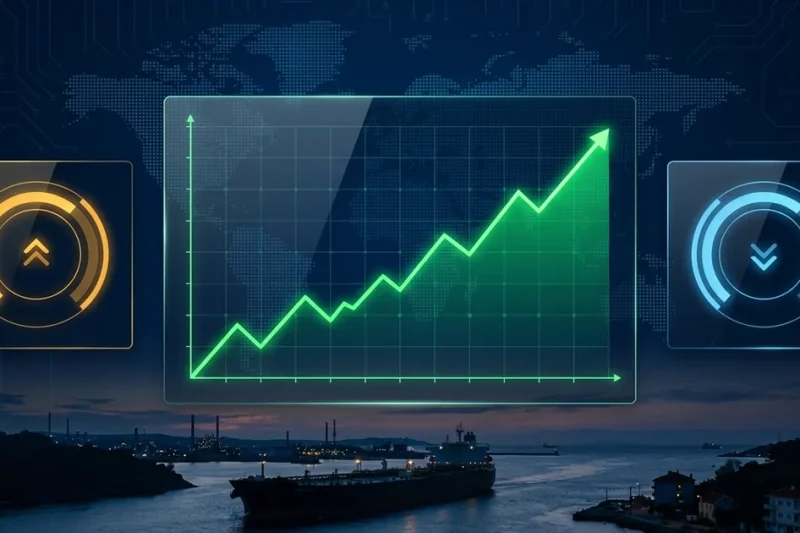 Financial dashboard showing a rising green stock-market chart flanked by one up and one down oil-price gauge, with an oil tanker passing through a strait