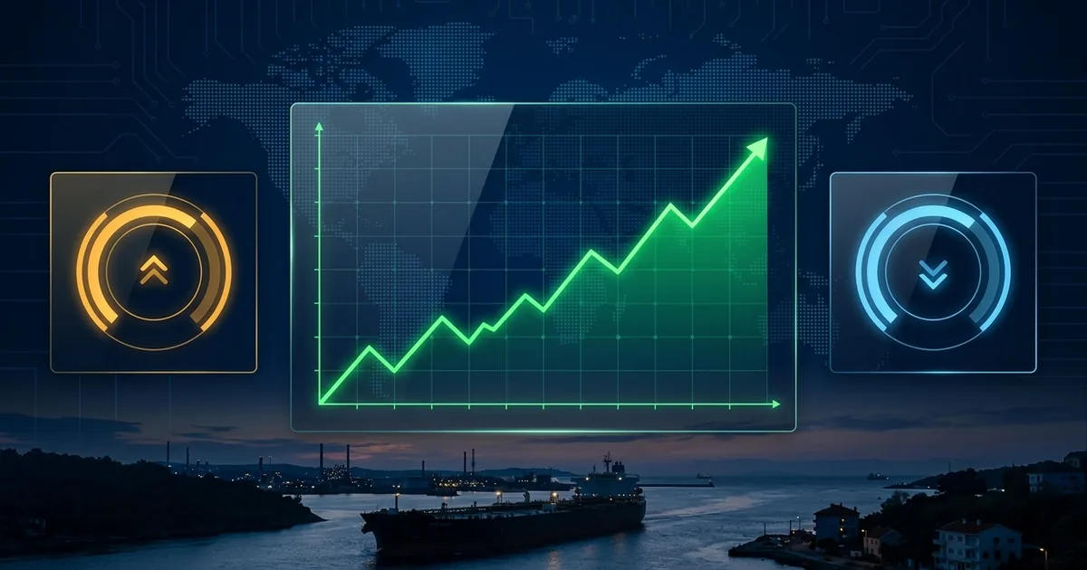 Financial dashboard showing a rising green stock-market chart flanked by one up and one down oil-price gauge, with an oil tanker passing through a strait
