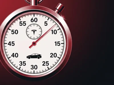 Editorial magazine illustration of a giant chrome stopwatch with red second hand sweeping past the 2:00 mark, a small Tesla T logo at the center of the dial and a Tesla Model Y silhouette inside the dial, on a duotone deep crimson red and near-black background