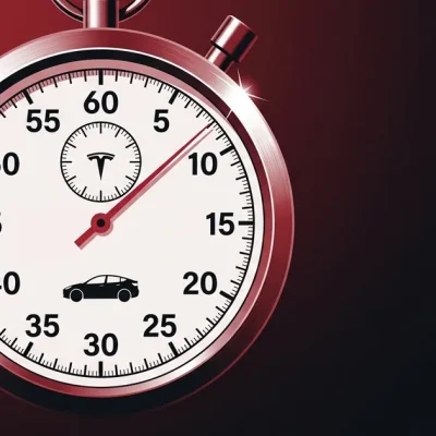 Editorial magazine illustration of a giant chrome stopwatch with red second hand sweeping past the 2:00 mark, a small Tesla T logo at the center of the dial and a Tesla Model Y silhouette inside the dial, on a duotone deep crimson red and near-black background