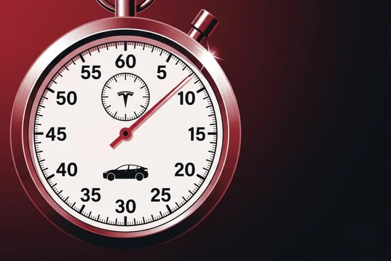 Editorial magazine illustration of a giant chrome stopwatch with red second hand sweeping past the 2:00 mark, a small Tesla T logo at the center of the dial and a Tesla Model Y silhouette inside the dial, on a duotone deep crimson red and near-black background