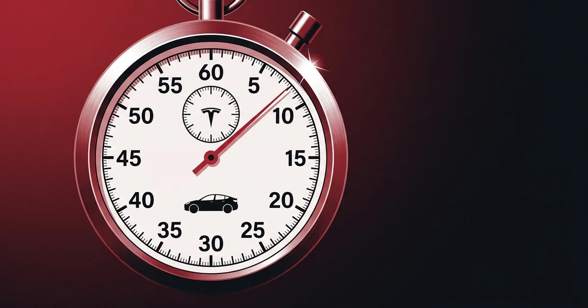 Editorial magazine illustration of a giant chrome stopwatch with red second hand sweeping past the 2:00 mark, a small Tesla T logo at the center of the dial and a Tesla Model Y silhouette inside the dial, on a duotone deep crimson red and near-black background
