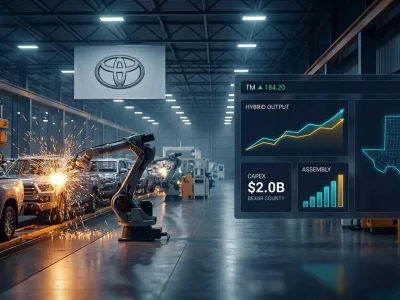 Interior of a modern Toyota assembly plant with robotic welding arms and hybrid pickup trucks on the line, overlaid with a markets dashboard showing TM ticker, hybrid output chart, $2.0B CAPEX for Bexar County, and a Texas state map
