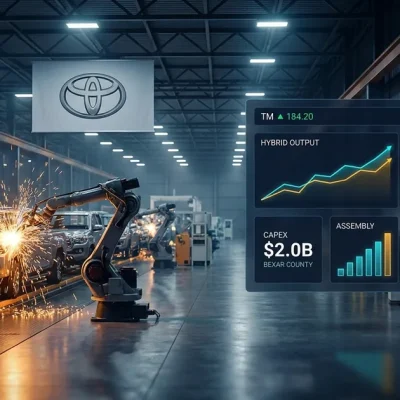 Interior of a modern Toyota assembly plant with robotic welding arms and hybrid pickup trucks on the line, overlaid with a markets dashboard showing TM ticker, hybrid output chart, $2.0B CAPEX for Bexar County, and a Texas state map