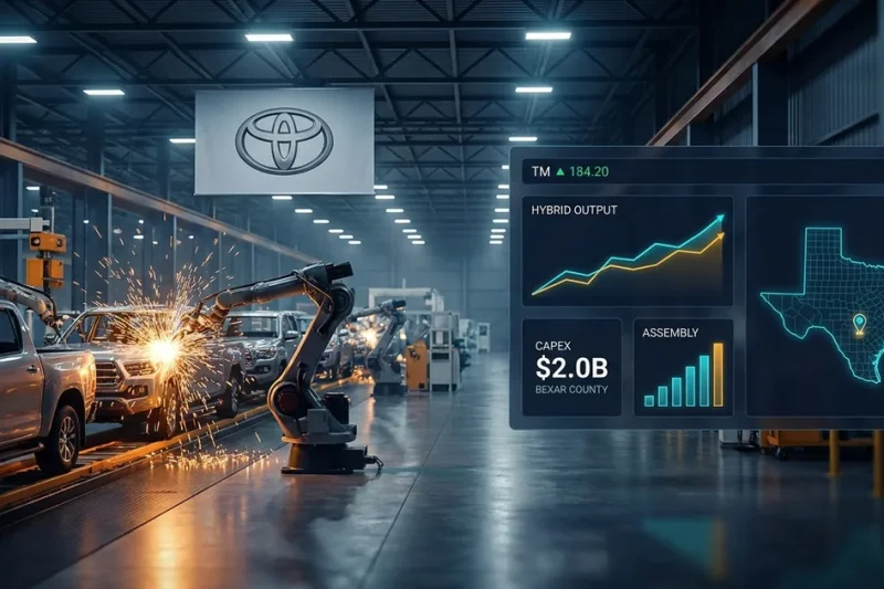 Interior of a modern Toyota assembly plant with robotic welding arms and hybrid pickup trucks on the line, overlaid with a markets dashboard showing TM ticker, hybrid output chart, $2.0B CAPEX for Bexar County, and a Texas state map