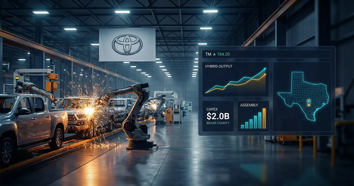 Interior of a modern Toyota assembly plant with robotic welding arms and hybrid pickup trucks on the line, overlaid with a markets dashboard showing TM ticker, hybrid output chart, $2.0B CAPEX for Bexar County, and a Texas state map
