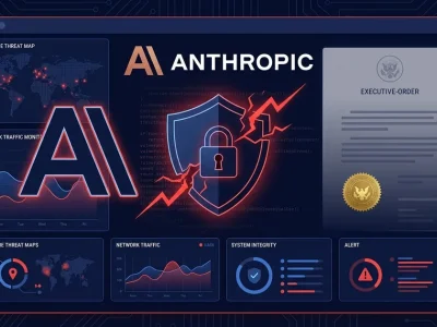 Cybersecurity dashboard with the Anthropic logo, a breached security shield and lock over lines of vulnerability code, and a government executive-order document with an official seal