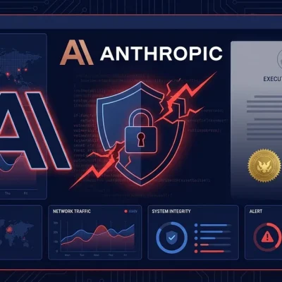 Cybersecurity dashboard with the Anthropic logo, a breached security shield and lock over lines of vulnerability code, and a government executive-order document with an official seal