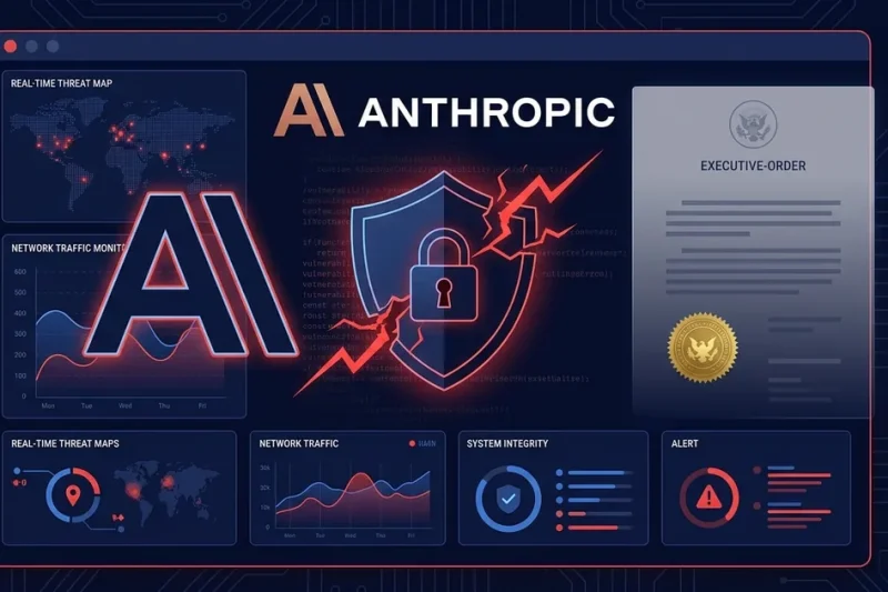 Cybersecurity dashboard with the Anthropic logo, a breached security shield and lock over lines of vulnerability code, and a government executive-order document with an official seal