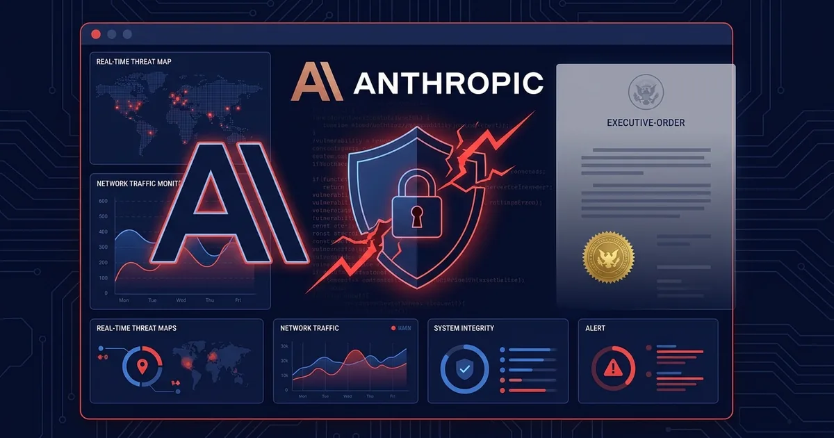Cybersecurity dashboard with the Anthropic logo, a breached security shield and lock over lines of vulnerability code, and a government executive-order document with an official seal